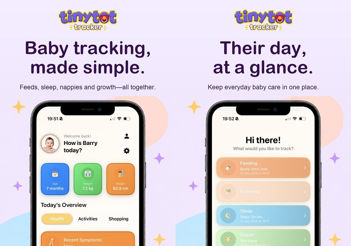 Tiny Tot Tracker overview and daily tracking screens