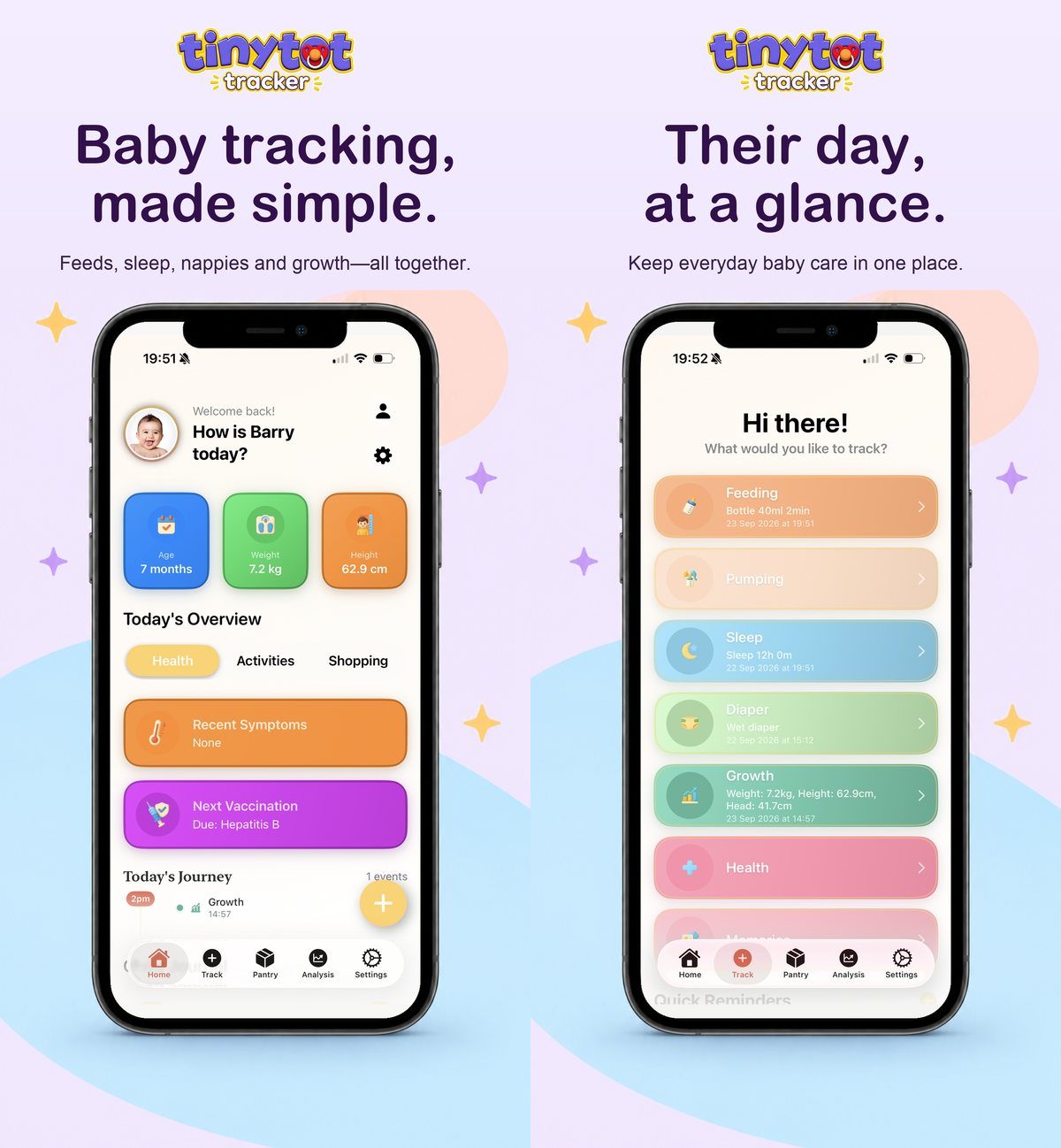 Tiny Tot Tracker overview and daily tracking screens
